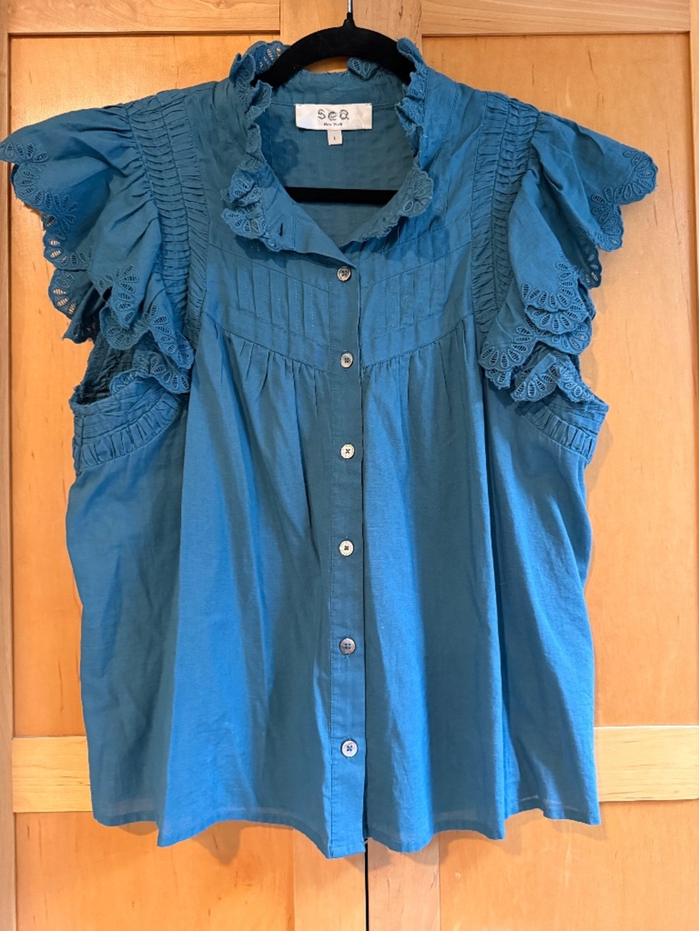 Sea New York Adrienne Teal Blue Eyelet Ruffle Flutter Sleeve Blouse, Size Large